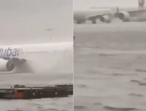 Dubai Uluslararası Havalimanı’nda uçaklar sel sularında güçlükle ilerledi