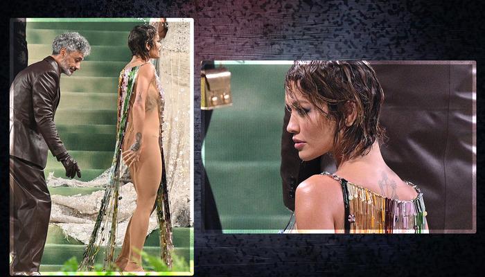 Met Gala’ya o anlar damga vurdu! Rita Ora tamamen şeffaf elbisesini boncuklarla kapadı! Elbisesini kocası düzeltti